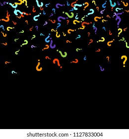 Question marks scattered on black background. Quiz, doubt, poll, survey, faq, interrogation, query background. Multicolored template for opinion poll, public poll. Rainbow color. Vector illustration.