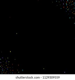 Question marks scattered on black background. Quiz, doubt, poll, survey, faq, interrogation, query background. Multicolored template for opinion poll, public poll. Rainbow color. Vector illustration.