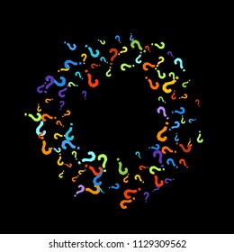 Question marks scattered on black background. Quiz, doubt, poll, survey, faq, interrogation, query background. Multicolored template for opinion poll, public poll. Rainbow color. Vector illustration.
