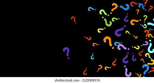 Question marks scattered on black background. Quiz, doubt, poll, survey, faq, interrogation, query background. Multicolored template for opinion poll, public poll. Rainbow color. Vector illustration.