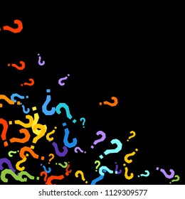 Question marks scattered on black background. Quiz, doubt, poll, survey, faq, interrogation, query background. Multicolored template for opinion poll, public poll. Rainbow color. Vector illustration.