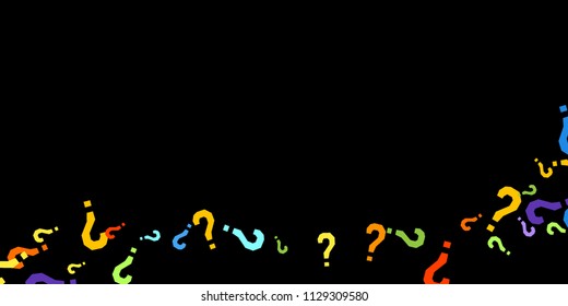 Question marks scattered on black background. Quiz, doubt, poll, survey, faq, interrogation, query background. Multicolored template for opinion poll, public poll. Rainbow color. Vector illustration.