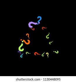 Question marks scattered on black background. Quiz, doubt, poll, survey, faq, interrogation, query background. Multicolored template for opinion poll, public poll. Rainbow color. Vector illustration.