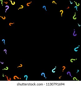 Question marks scattered on black background. Quiz, doubt, poll, survey, faq, interrogation, query background. Multicolored template for opinion poll, public poll. Rainbow color. Vector illustration.
