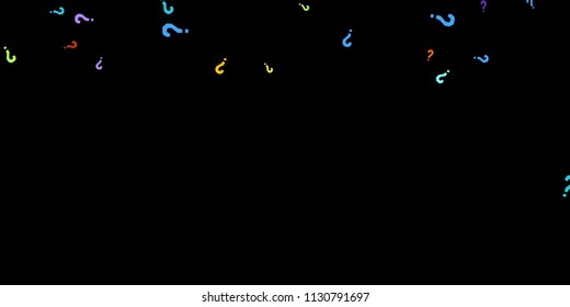 Question marks scattered on black background. Quiz, doubt, poll, survey, faq, interrogation, query background. Multicolored template for opinion poll, public poll. Rainbow color. Vector illustration.
