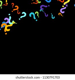 Question marks scattered on black background. Quiz, doubt, poll, survey, faq, interrogation, query background. Multicolored template for opinion poll, public poll. Rainbow color. Vector illustration.