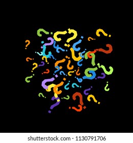 Question marks scattered on black background. Quiz, doubt, poll, survey, faq, interrogation, query background. Multicolored template for opinion poll, public poll. Rainbow color. Vector illustration.