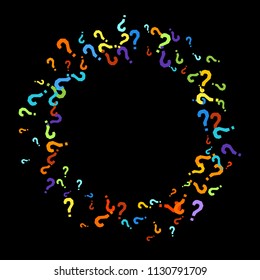 Question marks scattered on black background. Quiz, doubt, poll, survey, faq, interrogation, query background. Multicolored template for opinion poll, public poll. Rainbow color. Vector illustration.