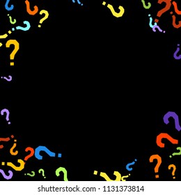 Question marks scattered on black background. Quiz, doubt, poll, survey, faq, interrogation, query background. Multicolored template for opinion poll, public poll. Rainbow color. Vector illustration.