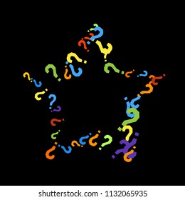 Question marks scattered on black background. Quiz, doubt, poll, survey, faq, interrogation, query background. Multicolored template for opinion poll, public poll. Rainbow color. Vector illustration.