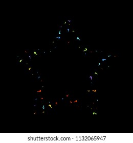 Question marks scattered on black background. Quiz, doubt, poll, survey, faq, interrogation, query background. Multicolored template for opinion poll, public poll. Rainbow color. Vector illustration.