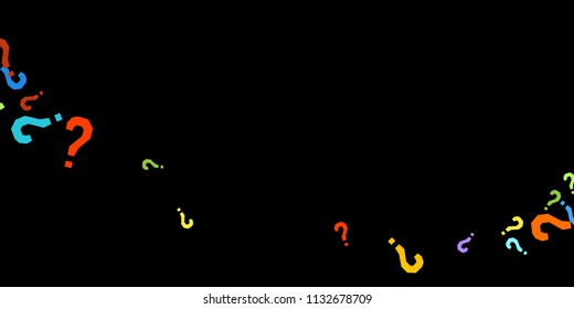 Question marks scattered on black background. Quiz, doubt, poll, survey, faq, interrogation, query background. Multicolored template for opinion poll, public poll. Rainbow color. Vector illustration.