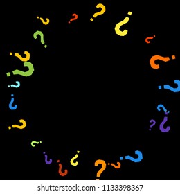 Question marks scattered on black background. Quiz, doubt, poll, survey, faq, interrogation, query background. Multicolored template for opinion poll, public poll. Rainbow color. Vector illustration.