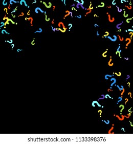 Question marks scattered on black background. Quiz, doubt, poll, survey, faq, interrogation, query background. Multicolored template for opinion poll, public poll. Rainbow color. Vector illustration.