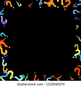 Question marks scattered on black background. Quiz, doubt, poll, survey, faq, interrogation, query background. Multicolored template for opinion poll, public poll. Rainbow color. Vector illustration.