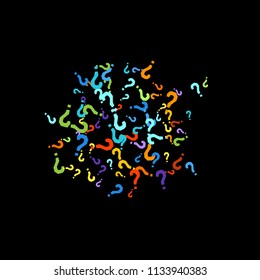 Question marks scattered on black background. Quiz, doubt, poll, survey, faq, interrogation, query background. Multicolored template for opinion poll, public poll. Rainbow color. Vector illustration.