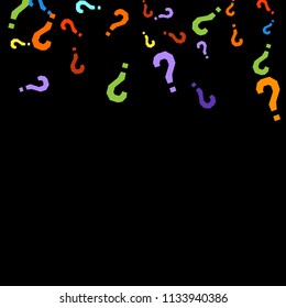 Question marks scattered on black background. Quiz, doubt, poll, survey, faq, interrogation, query background. Multicolored template for opinion poll, public poll. Rainbow color. Vector illustration.