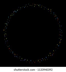 Question marks scattered on black background. Quiz, doubt, poll, survey, faq, interrogation, query background. Multicolored template for opinion poll, public poll. Rainbow color. Vector illustration.