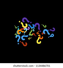 Question marks scattered on black background. Quiz, doubt, poll, survey, faq, interrogation, query background. Multicolored template for opinion poll, public poll. Rainbow color. Vector illustration.