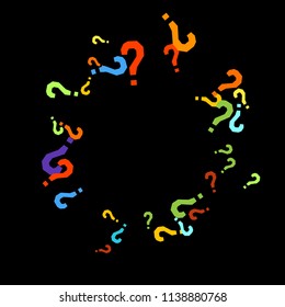 Question marks scattered on black background. Quiz, doubt, poll, survey, faq, interrogation, query background. Multicolored template for opinion poll, public poll. Rainbow color. Vector illustration.