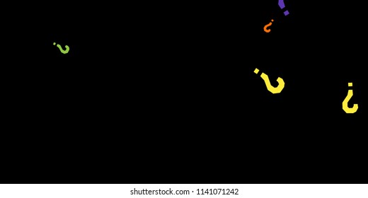 Question marks scattered on black background. Quiz, doubt, poll, survey, faq, interrogation, query background. Multicolored template for opinion poll, public poll. Rainbow color. Vector illustration.