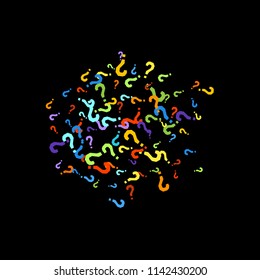 Question marks scattered on black background. Quiz, doubt, poll, survey, faq, interrogation, query background. Multicolored template for opinion poll, public poll. Rainbow color. Vector illustration.