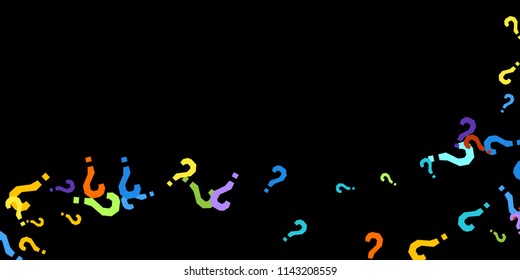 Question marks scattered on black background. Quiz, doubt, poll, survey, faq, interrogation, query background. Multicolored template for opinion poll, public poll. Rainbow color. Vector illustration.