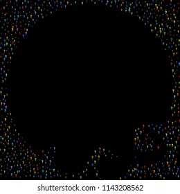 Question marks scattered on black background. Quiz, doubt, poll, survey, faq, interrogation, query background. Multicolored template for opinion poll, public poll. Rainbow color. Vector illustration.