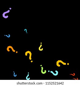 Question marks scattered on black background. Quiz, doubt, poll, survey, faq, interrogation, query background. Multicolored template for opinion poll, public poll. Rainbow color. Vector illustration.