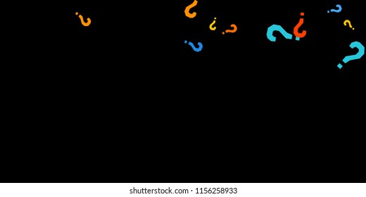 Question marks scattered on black background. Quiz, doubt, poll, survey, faq, interrogation, query background. Multicolored template for opinion poll, public poll. Rainbow color. Vector illustration.