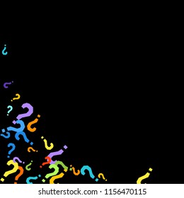 Question Marks Scattered On Black Background. Quiz, Doubt, Poll, Survey, Faq, Interrogation, Query Background. Multicolored Template For Opinion Poll, Public Poll. Rainbow Color. Vector Illustration.