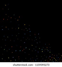 Question marks scattered on black background. Quiz, doubt, poll, survey, faq, interrogation, query background. Multicolored template for opinion poll, public poll. Rainbow color. Vector illustration.