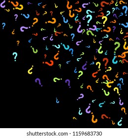 Question marks scattered on black background. Quiz, doubt, poll, survey, faq, interrogation, query background. Multicolored template for opinion poll, public poll. Rainbow color. Vector illustration.