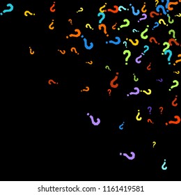 Question marks scattered on black background. Quiz, doubt, poll, survey, faq, interrogation, query background. Multicolored template for opinion poll, public poll. Rainbow color. Vector illustration.