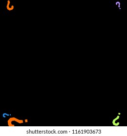Question marks scattered on black background. Quiz, doubt, poll, survey, faq, interrogation, query background. Multicolored template for opinion poll, public poll. Rainbow color. Vector illustration.