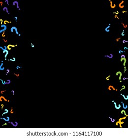Question marks scattered on black background. Quiz, doubt, poll, survey, faq, interrogation, query background. Multicolored template for opinion poll, public poll. Rainbow color. Vector illustration.