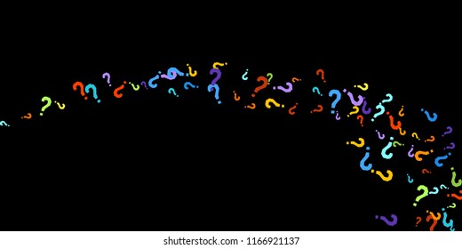 Question marks scattered on black background. Quiz, doubt, poll, survey, faq, interrogation, query background. Multicolored template for opinion poll, public poll. Rainbow color. Vector illustration.