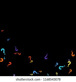 Question marks scattered on black background. Quiz, doubt, poll, survey, faq, interrogation, query background. Multicolored template for opinion poll, public poll. Rainbow color. Vector illustration.