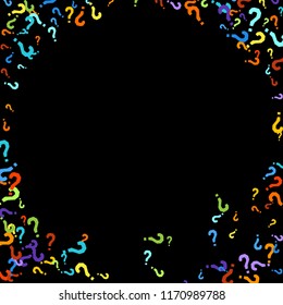 Question marks scattered on black background. Quiz, doubt, poll, survey, faq, interrogation, query background. Multicolored template for opinion poll, public poll. Rainbow color. Vector illustration.