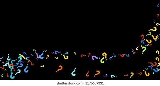 Question marks scattered on black background. Quiz, doubt, poll, survey, faq, interrogation, query background. Multicolored template for opinion poll, public poll. Rainbow color. Vector illustration.