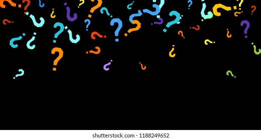 Question marks scattered on black background. Quiz, doubt, poll, survey, faq, interrogation, query background. Multicolored template for opinion poll, public poll. Rainbow color. Vector illustration.