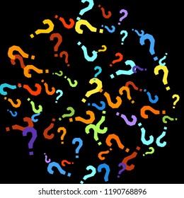 Question marks scattered on black background. Quiz, doubt, poll, survey, faq, interrogation, query background. Multicolored template for opinion poll, public poll. Rainbow color. Vector illustration.