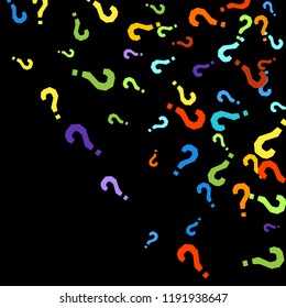 Question marks scattered on black background. Quiz, doubt, poll, survey, faq, interrogation, query background. Multicolored template for opinion poll, public poll. Rainbow color. Vector illustration.