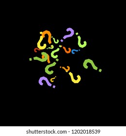 Question marks scattered on black background. Quiz, doubt, poll, survey, faq, interrogation, query background. Multicolored template for opinion poll, public poll. Rainbow color. Vector illustration.