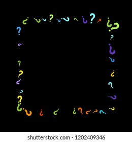 Question marks scattered on black background. Quiz, doubt, poll, survey, faq, interrogation, query background. Multicolored template for opinion poll, public poll. Rainbow color. Vector illustration.