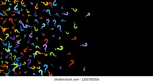 Question marks scattered on black background. Quiz, doubt, poll, survey, faq, interrogation, query background. Multicolored template for opinion poll, public poll. Rainbow color. Vector illustration.