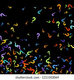 Question marks scattered on black background. Quiz, doubt, poll, survey, faq, interrogation, query background. Multicolored template for opinion poll, public poll. Rainbow color. Vector illustration.