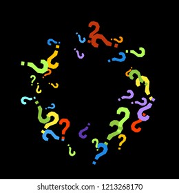 Question marks scattered on black background. Quiz, doubt, poll, survey, faq, interrogation, query background. Multicolored template for opinion poll, public poll. Rainbow color. Vector illustration.