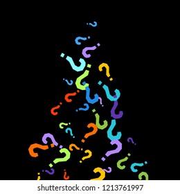 Question marks scattered on black background. Quiz, doubt, poll, survey, faq, interrogation, query background. Multicolored template for opinion poll, public poll. Rainbow color. Vector illustration.