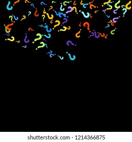 Question marks scattered on black background. Quiz, doubt, poll, survey, faq, interrogation, query background. Multicolored template for opinion poll, public poll. Rainbow color. Vector illustration.